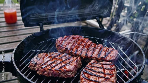 Grilled steaks with sear marks on a black barbecue grill outdoors