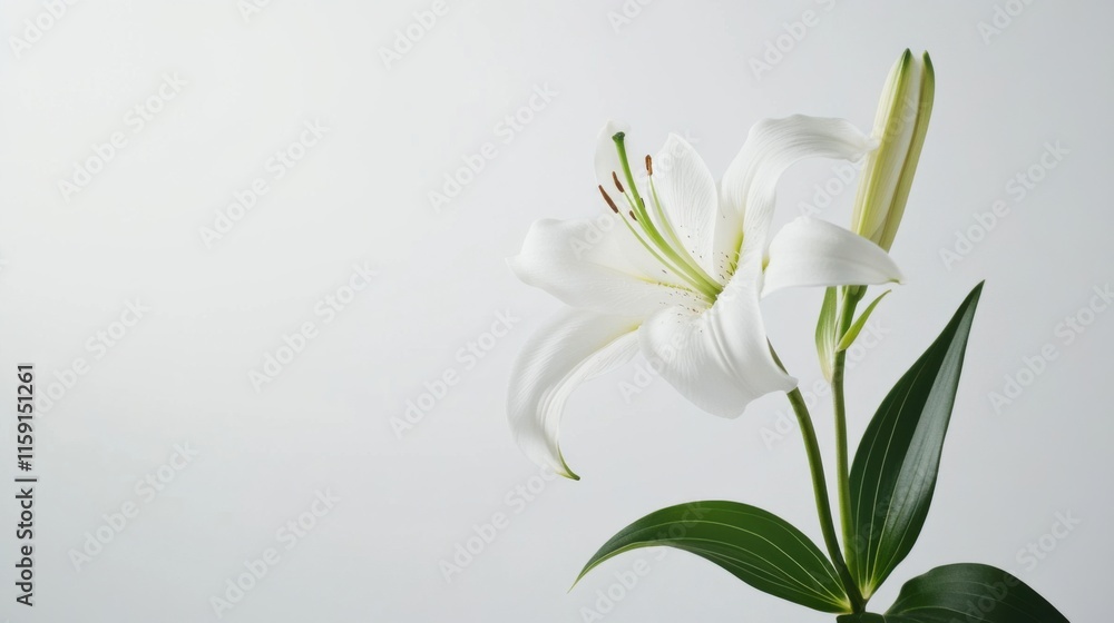 Fototapeta premium A pure white lily against a crisp white background, close-up shot, Minimalist style