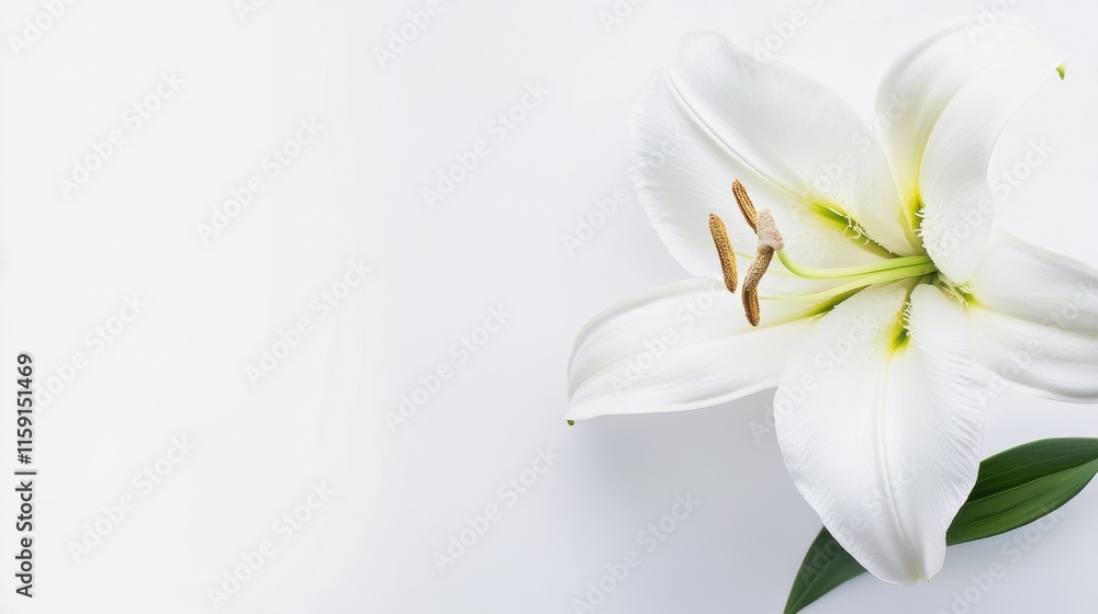 Fototapeta premium A pure white lily against a crisp white background, close-up shot, Minimalist style