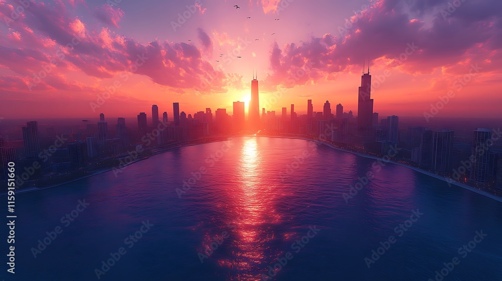 Naklejka premium Vibrant cityscape at sunset glowing with colorful reflections on calm water image