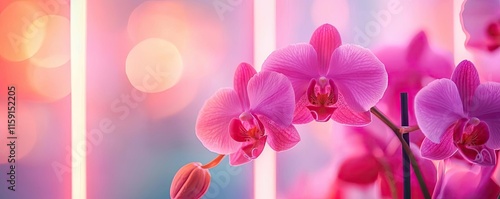 Orchid floral abstract background idea. Delicate pink orchid bloom with soft lighting in a dreamy atmosphere. photo