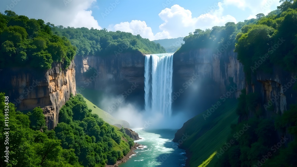 Fototapeta premium Majestic Waterfall Cascading Through Lush Green Cliffs Sunny Sky