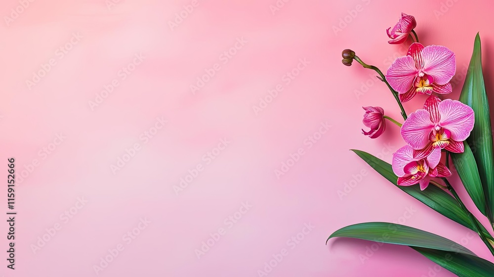 Naklejka premium Orchid floral abstract background idea. A beautiful pink orchid flower on a soft pink background exuding elegance and charm.