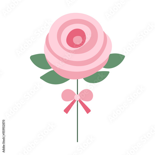 A pink flower with a green stem and a pink ribbon. The flower is the main focus of the image