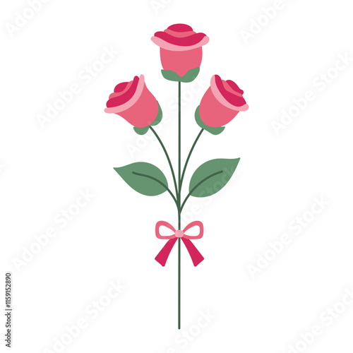 A bouquet of three red roses with a pink ribbon tied around the stem. The roses are arranged in a way that they are all facing the same direction, giving the impression of a single flower