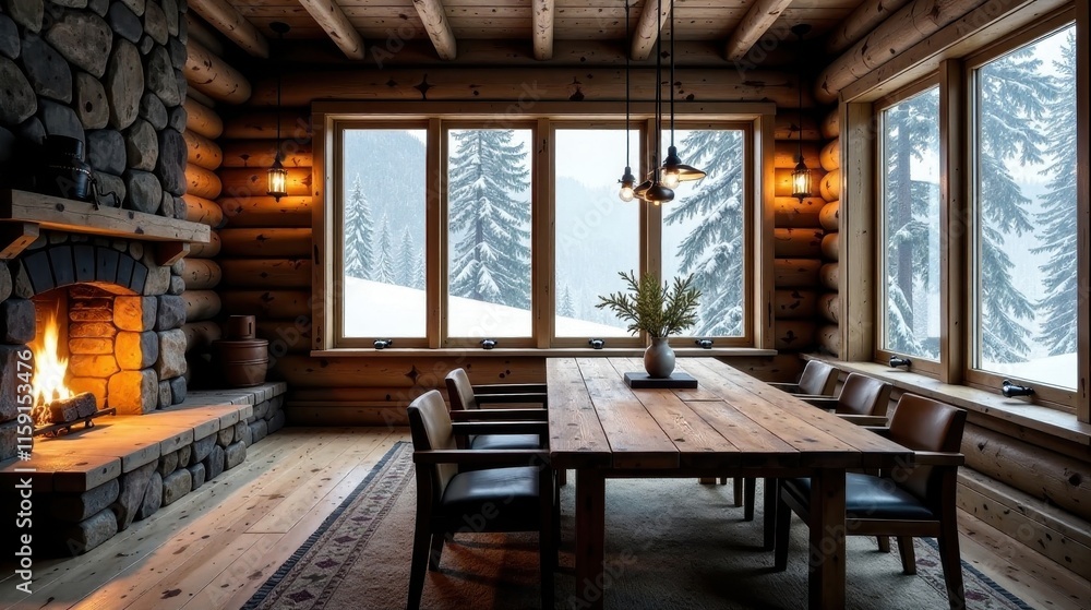 Rustic Cabin Interior with Large Windows Showcasing a Snowy Winter Landscape and a Cozy Fireplace, Featuring a Farmhouse Dining Table Set Rustic Cabin Interior with Large Windows Showcasing a Snowy Winter Landscape and a Cozy Fireplace, Featuring a Farmhouse Dining Table Set