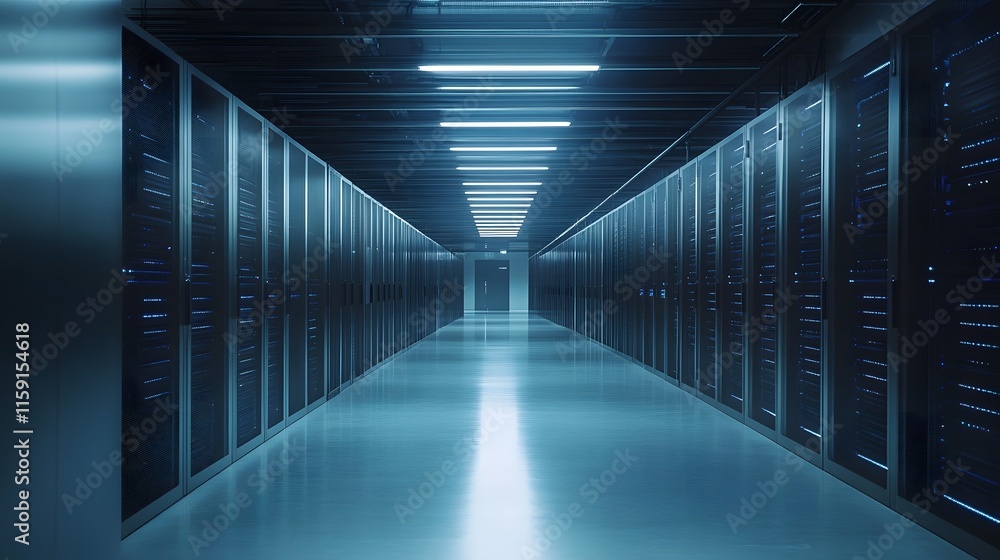 Illuminated Server Room Corridor Shows Data Center Technology Illuminated Server Room Corridor Shows Data Center Technology
