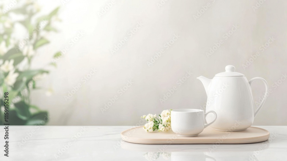 Elegant white tea set on a minimalist countertop with flowers Elegant white tea set on a minimalist countertop with flowers