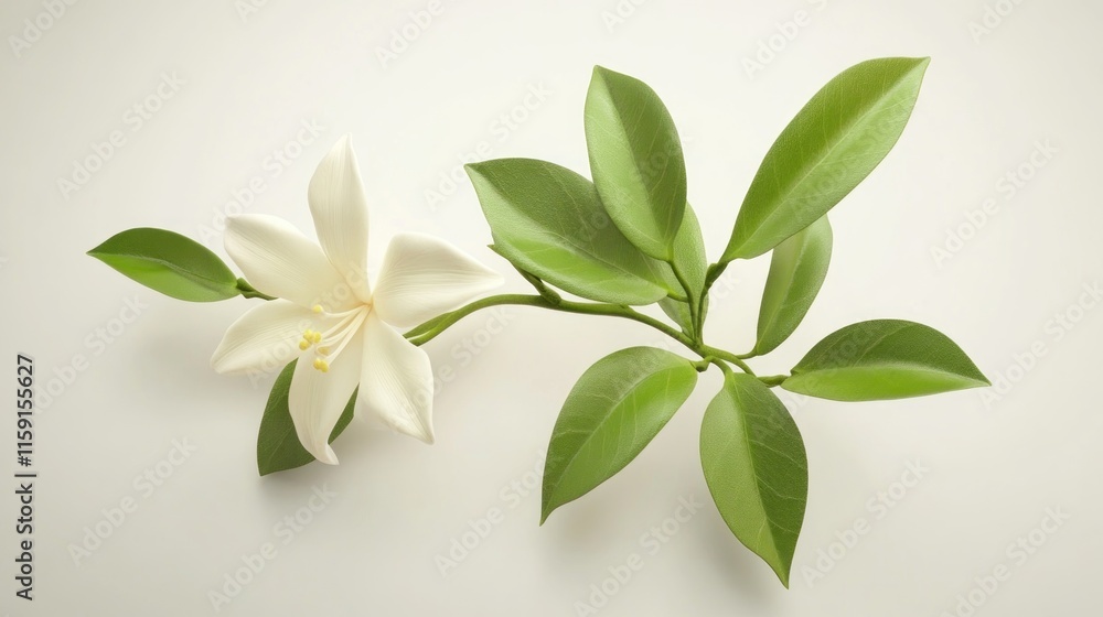 Naklejka premium Single white flower with green leaves on branch.
