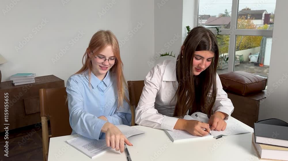 Students engaged in study session with notes and books in bright, modern workspace Students engaged in study session with notes and books in bright, modern workspace