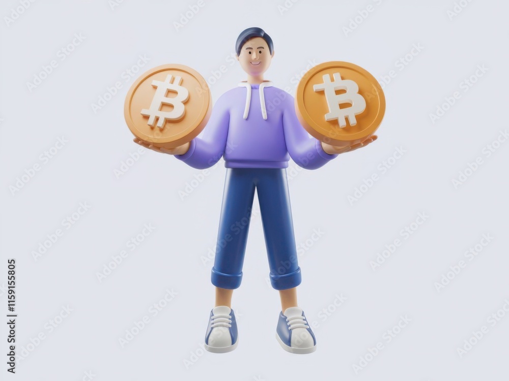3D Character Holding Two Bitcoins with a Confident Stance Against a Light Background 3D Character Holding Two Bitcoins with a Confident Stance Against a Light Background