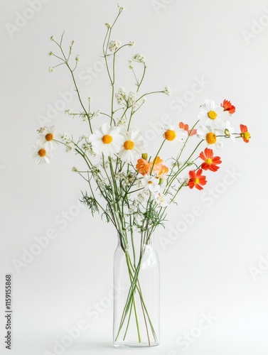Minimalist still life composition of wildflowers in a glass vase with ample copy space for text. Generative AI
