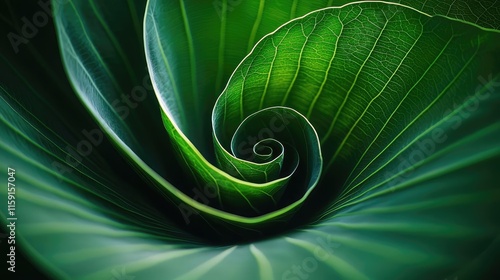 Lotus leaves abstract background idea. Stunning close-up of a spiraling green leaf showcasing intricate natural patterns.