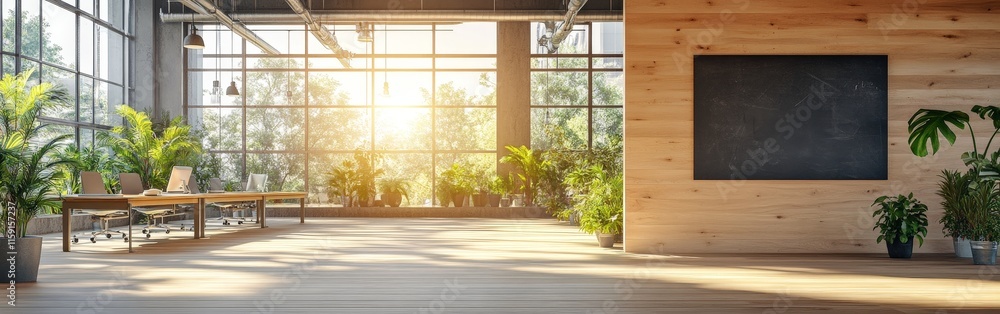 Modern office interior with empty canvas on wooden wall Modern office interior with empty canvas on wooden wall