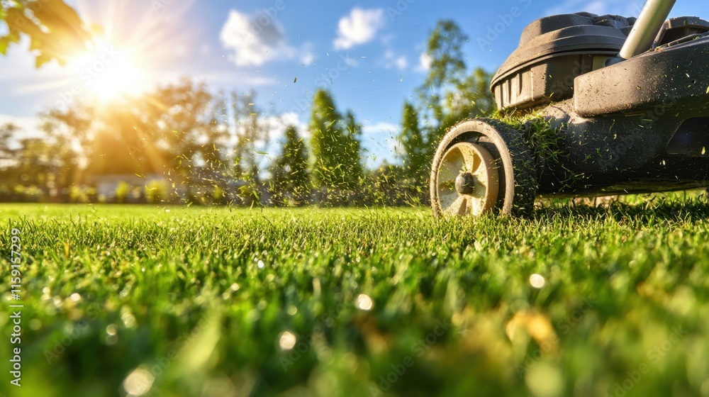 Fototapeta premium Bright Sunlight Over Freshly Mowed Lawn with Grass Clippings Flying