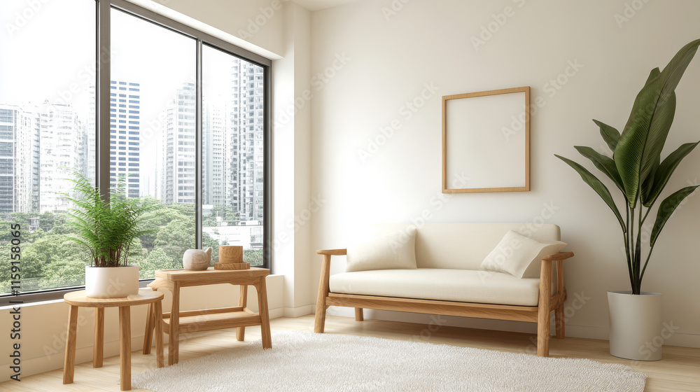 Modern living room with large windows overlooking a city and minimalistic decor Modern living room with large windows overlooking a city and minimalistic decor