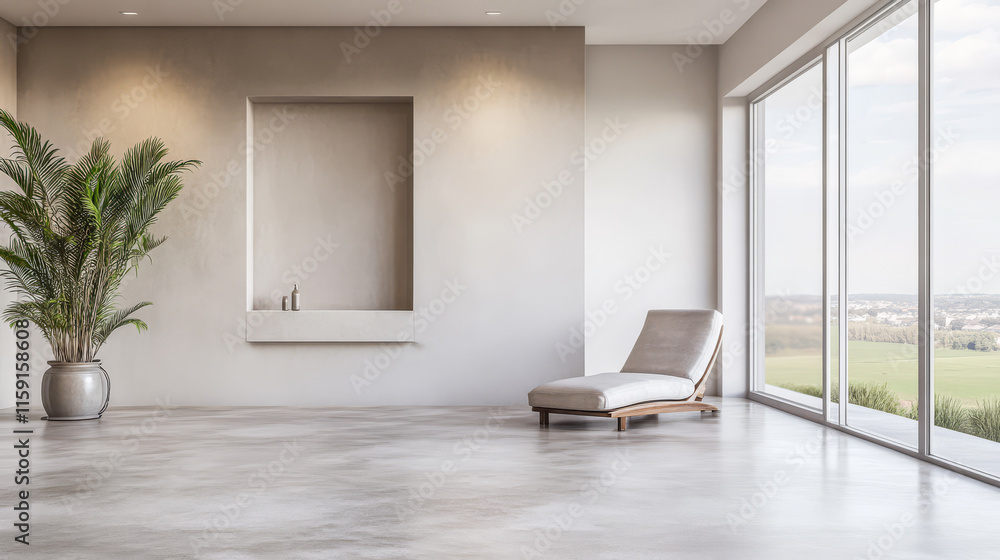 Fototapeta premium Modern minimalist interior with large windows and serene landscape view in daylight