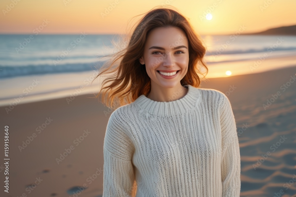 smiling woman on the beach at sunset with waves in the background smiling woman on the beach at sunset with waves in the background