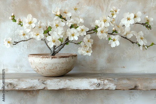 White blossoms on a rustic branch in a textured ceramic bowl, highlighting simplicity and natural charm photo