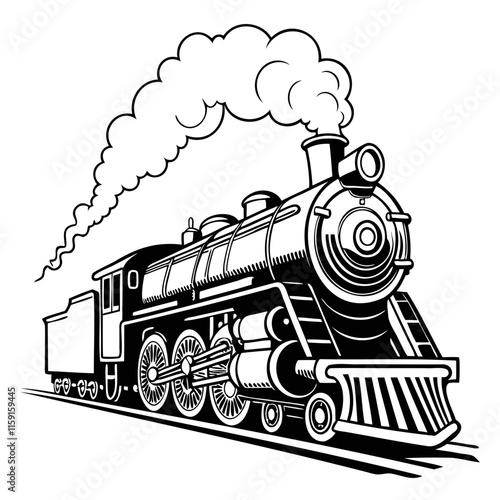 Vintage steam engine locomotive Silhouette, retro train illustration, puffing white smoke, Isolated on a transparent background
