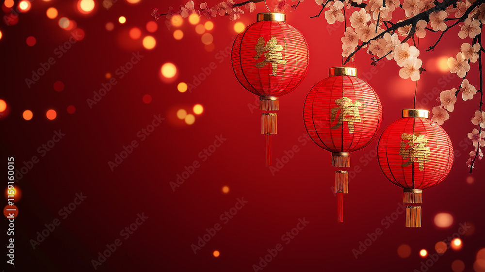 A vibrant Chinese New Year-themed design featuring traditional elements like red lanterns, gold coins, and blooming cherry blossoms, arranged artfully around a clean negative space ideal for text A vibrant Chinese New Year-themed design featuring traditional elements like red lanterns, gold coins, and blooming cherry blossoms, arranged artfully around a clean negative space ideal for text