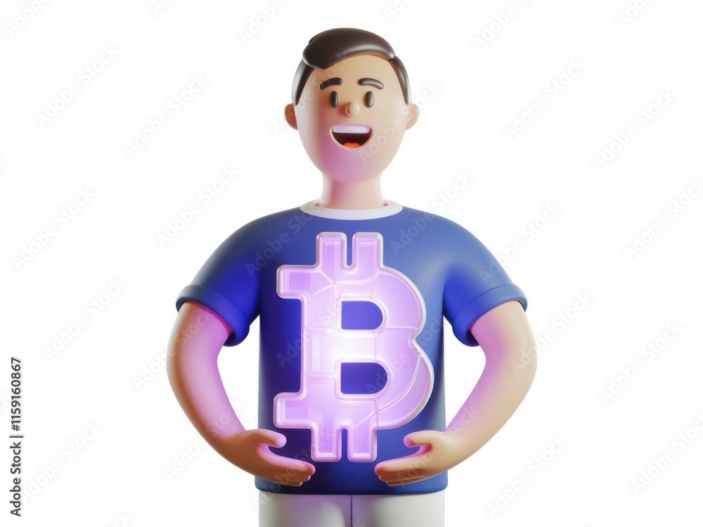 3D Character Holding a Glowing Bitcoin Symbol with a Big Smile on His Face 3D Character Holding a Glowing Bitcoin Symbol with a Big Smile on His Face