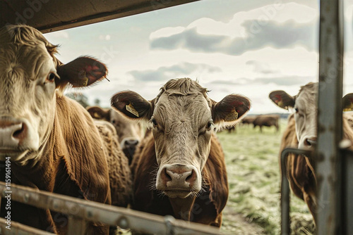 A close-up image shows three cows looking directly at the viewer from behind a fence. The cows have light brown fur and are standing in a grassy field. Live stock farm concept photo