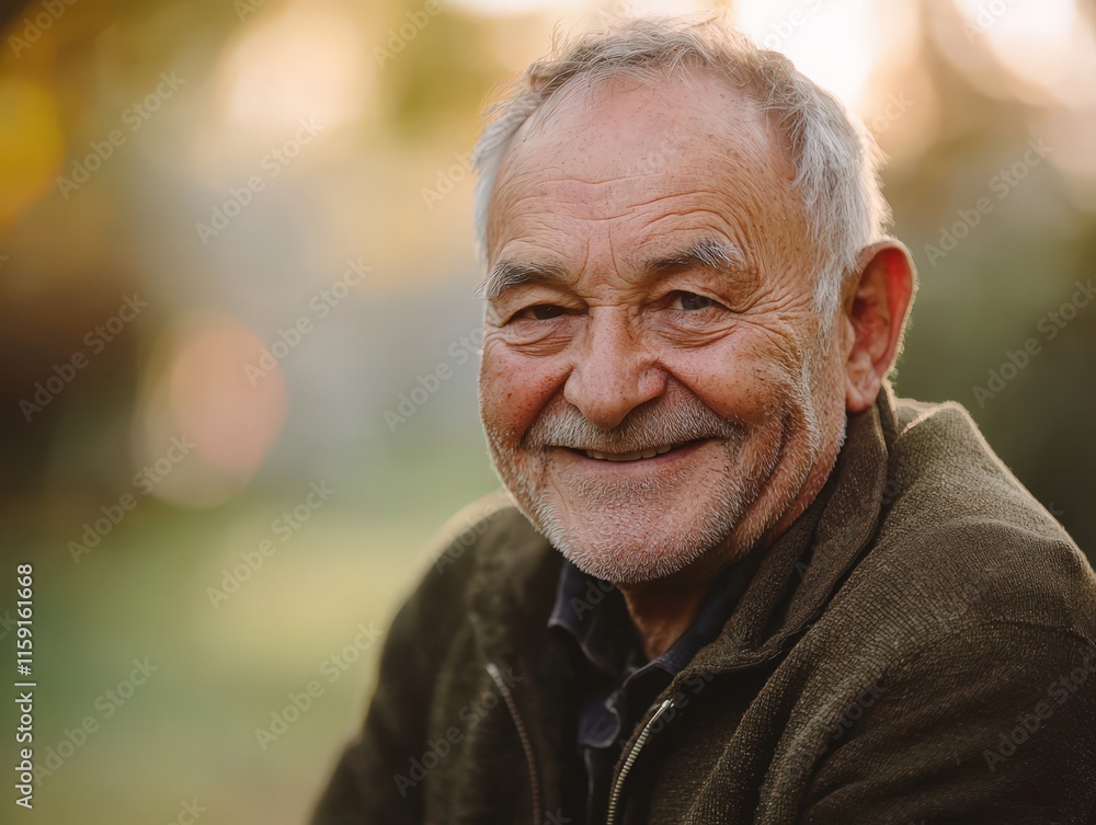 Smiling Elderly Man with Grey Hair and Beard in a Serene Outdoor Setting, Capturing Warmth, Happiness, and Tranquility in Soft Natural Light Smiling Elderly Man with Grey Hair and Beard in a Serene Outdoor Setting, Capturing Warmth, Happiness, and Tranquility in Soft Natural Light