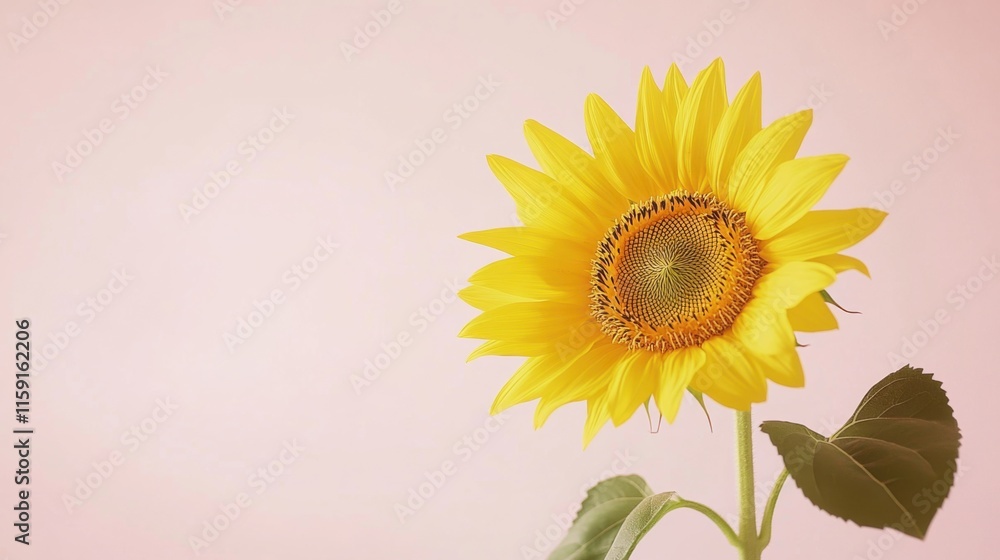 Obraz premium A soft yellow sunflower against a pale pink background, close-up shot, Minimalist style