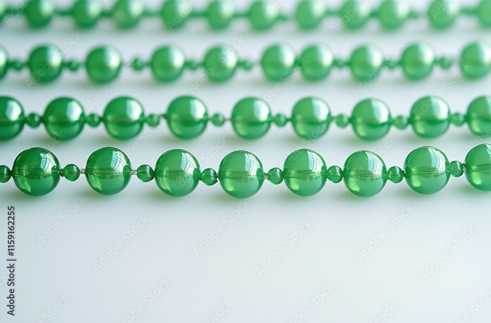 Obraz premium Vibrant Green Beads on a Soft Surface Displaying Natural Light Reflection, Perfect for Crafting, Jewelry Design, and Decorative Projects