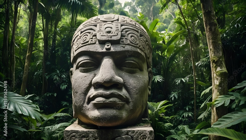 Olmec Head in Lush Tropical Rainforest: A Glimpse into Ancient History Olmec Head in Lush Tropical Rainforest: A Glimpse into Ancient History