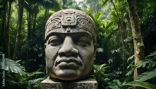 Olmec Head in Lush Tropical Rainforest: A Glimpse into Ancient History photo