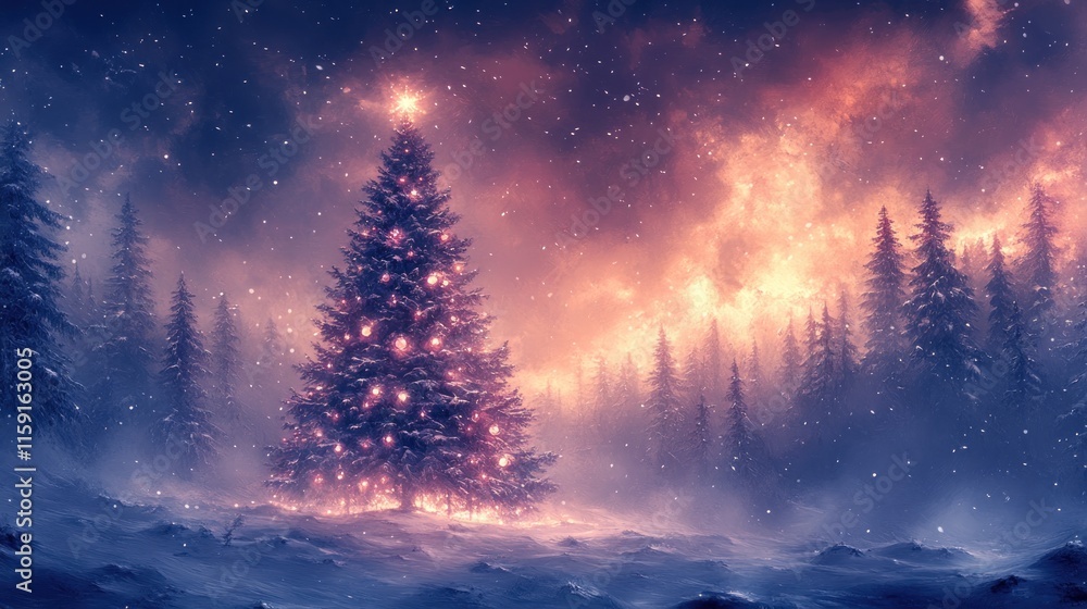 Naklejka premium A serene winter landscape featuring a decorated Christmas tree amidst a snowy forest.