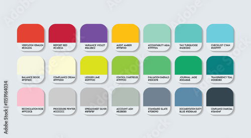 Auditor Color Guide Palette with Color Names. Catalog Sample Auditors with RGB HEX codes and Names. Colors Palette, Company management Auditor Color Palette, Fashion Trend Auditor, 2026 Color Palette