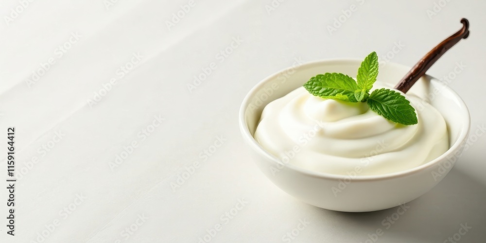Creamy Vanilla Yogurt Dessert in a Small White Bowl, Garnished with Fresh Mint Sprig and a Vanilla Bean Creamy Vanilla Yogurt Dessert in a Small White Bowl, Garnished with Fresh Mint Sprig and a Vanilla Bean