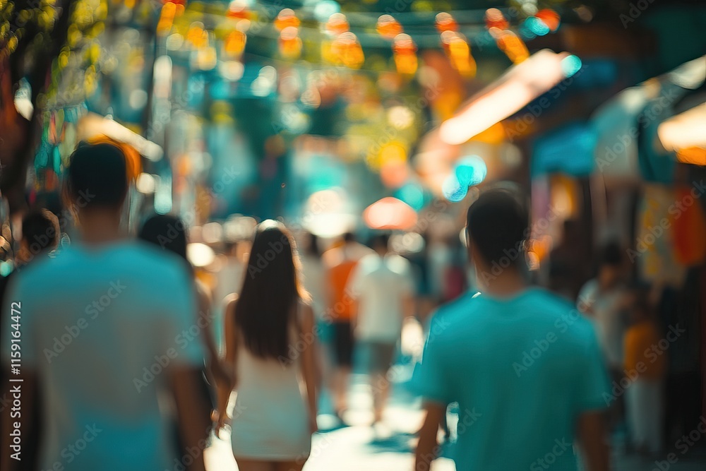 A busy city street with a blurred crowd walking under the sun. Background AI generated image A busy city street with a blurred crowd walking under the sun. Background AI generated image