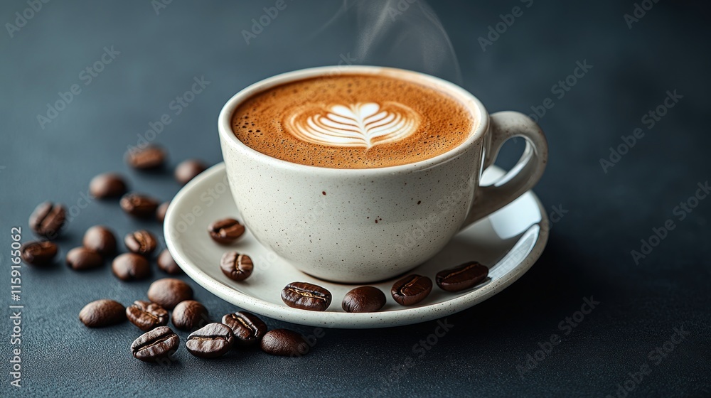 Fototapeta premium Steaming latte art in cup with coffee beans.