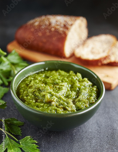 Bowl of delicious green salsa Verde sauce on dark table. Fresh and tasty semi-solid food.