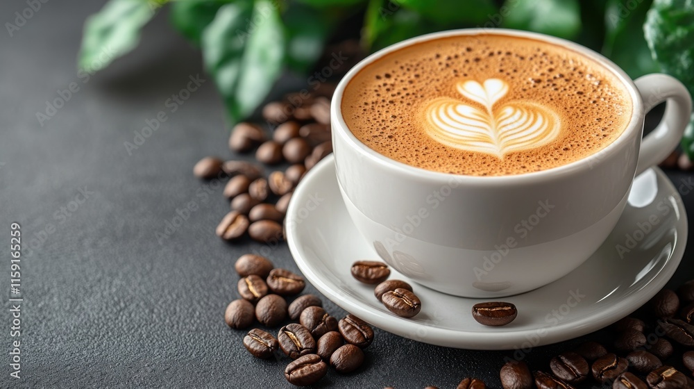 Fototapeta premium Latte art in a white cup with coffee beans.