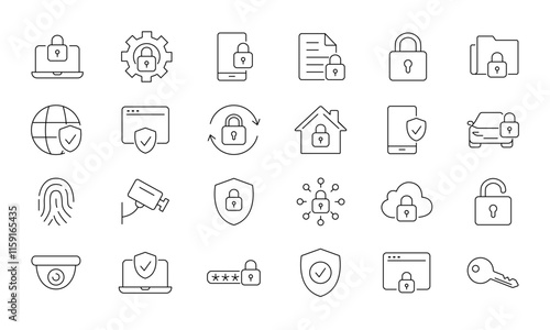 Security thin line icon set. Protection symbol vector. Included Digital Authentication, Verification, Privacy Protection, Fingerprint Scanner. and more. Editable stroke. 