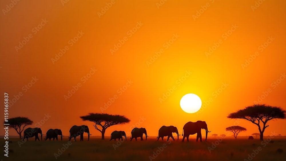 African Elephant Silhouette Sunset Herd Savanna Landscape Golden Hues