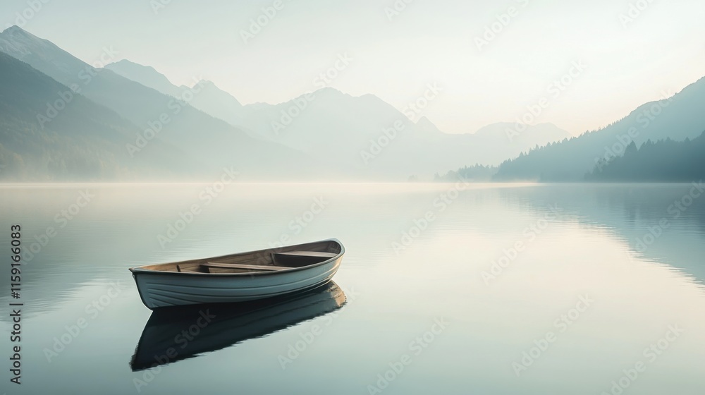 A tranquil composition of a rowboat floating on a calm lake surrounded by misty mountains, morning light shot, Naturalistic style A tranquil composition of a rowboat floating on a calm lake surrounded by misty mountains, morning light shot, Naturalistic style