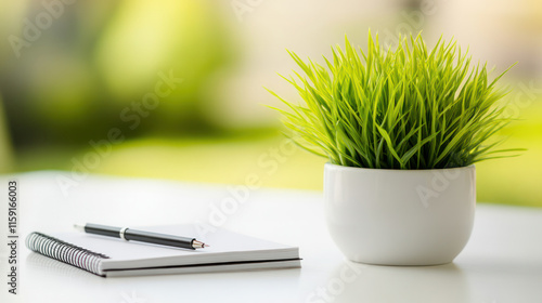 Green plant and notebook arranged on a pristine white table, representing wellness tips and life balance with a calm and focused layout. photo