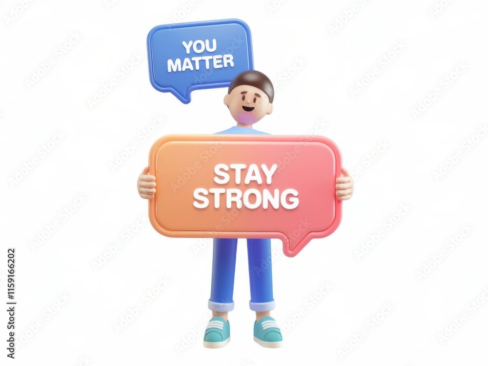 3D Human Character Holding 'You Matter' and 'Stay Strong' Positive Message Banners 3D Human Character Holding 'You Matter' and 'Stay Strong' Positive Message Banners