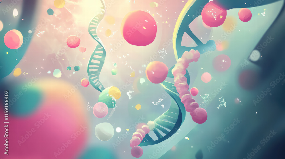 Elegant banner design featuring stylized DNA helix and colorful molecular structures, creating vibrant and dynamic representation of genetic science and biology Elegant banner design featuring stylized DNA helix and colorful molecular structures, creating vibrant and dynamic representation of genetic science and biology