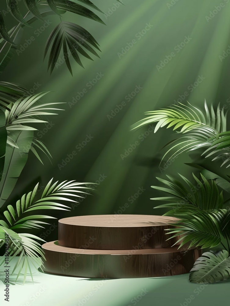 wooden product podium with green tropical leaves tree and green background wooden product podium with green tropical leaves tree and green background
