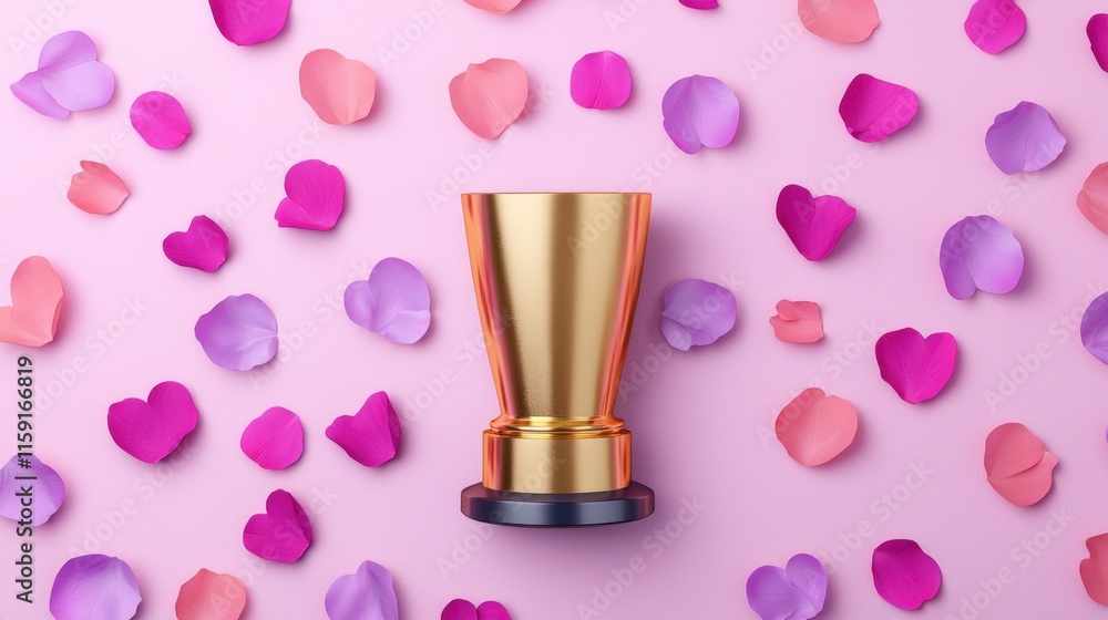 Grammy award concept, A golden trophy sits atop a pink background scattered with colorful flower petals, symbolizing achievement and celebration. Grammy award concept, A golden trophy sits atop a pink background scattered with colorful flower petals, symbolizing achievement and celebration.