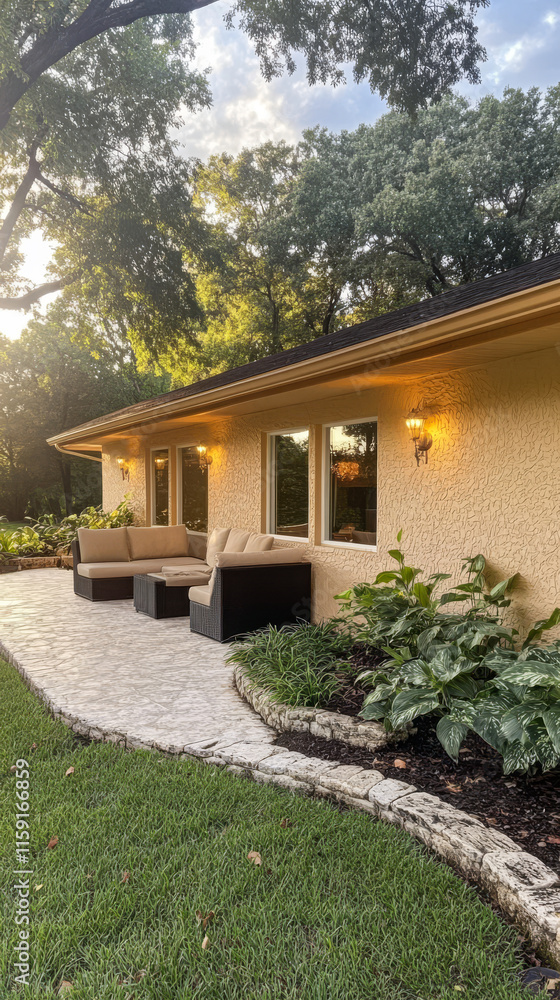 Cozy outdoor seating area surrounded by lush greenery in a tranquil setting Cozy outdoor seating area surrounded by lush greenery in a tranquil setting