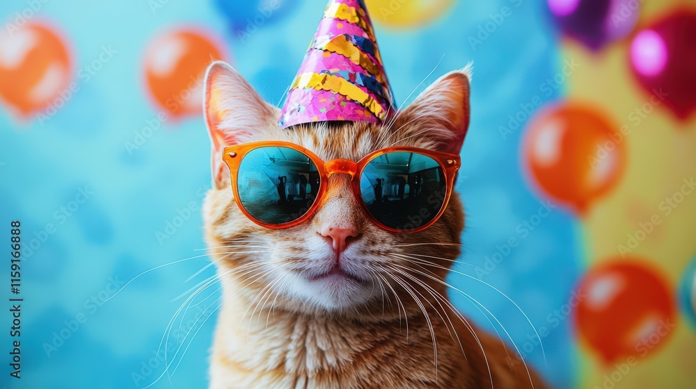 Fototapeta premium Ginger Cat in Sunglasses and Party Hat with Colorful Balloons. Cheerful and Playful Scene Perfect for Birthday Celebrations and Festive Fun.