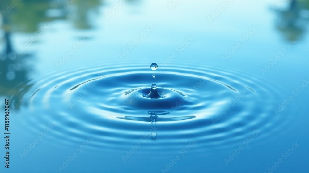 Serene Aqua A Single Drop Creates Concentric Circles on a Calm, Still Surface of Water